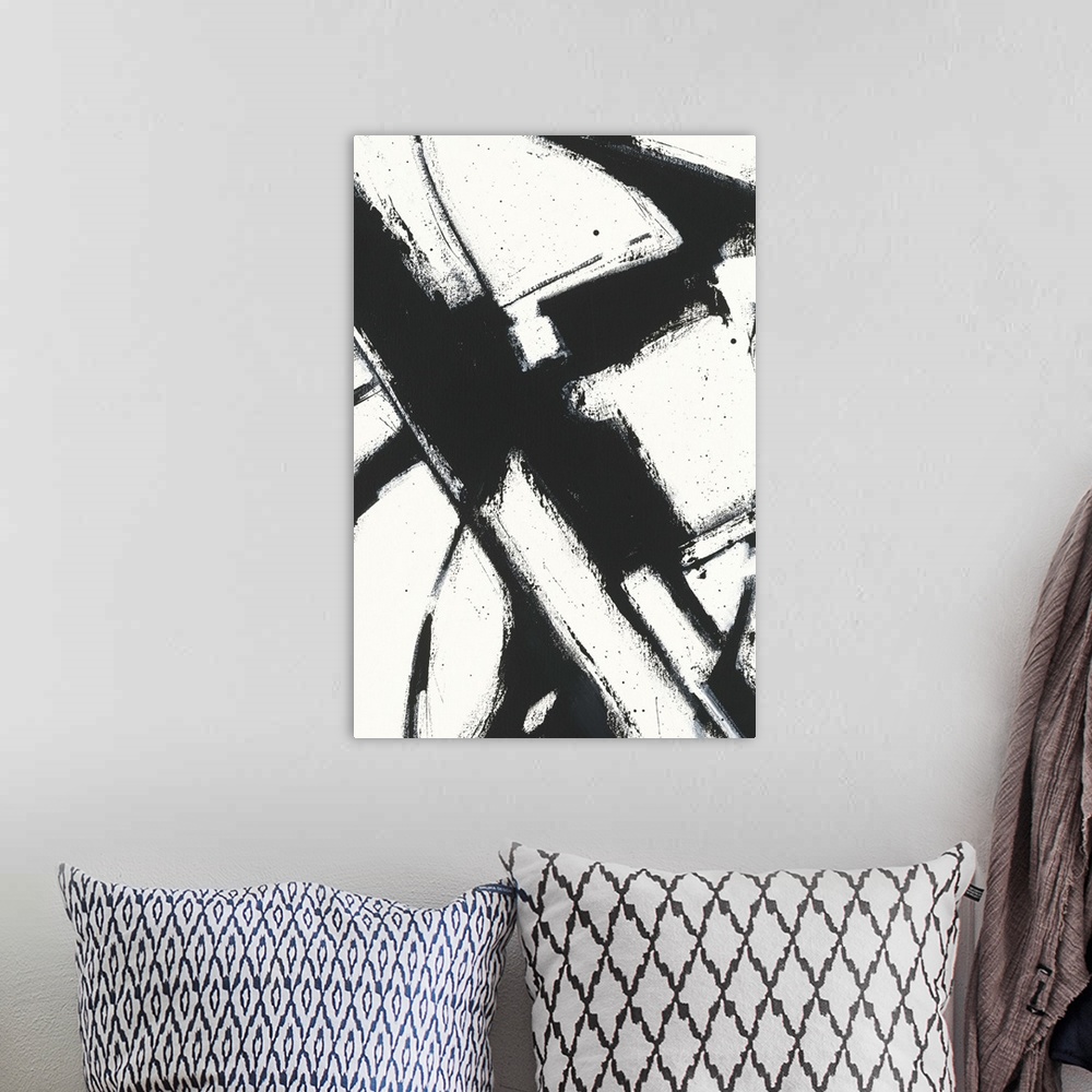 A bohemian room featuring Contemporary abstract painting using bold black lines against an of white background.