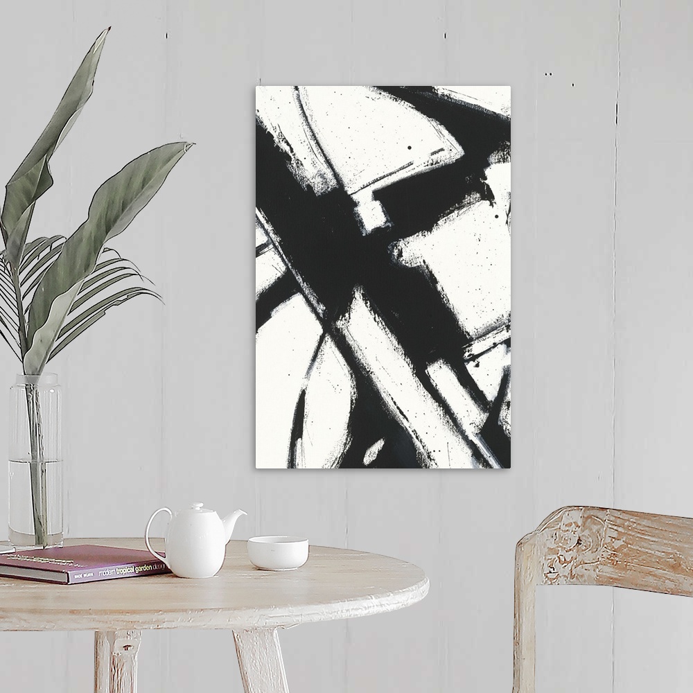 A farmhouse room featuring Contemporary abstract painting using bold black lines against an of white background.