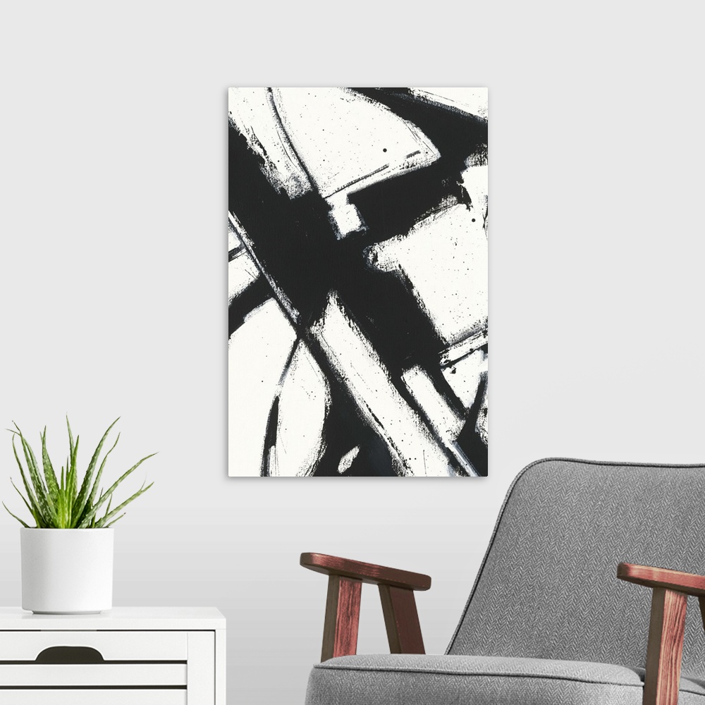 A modern room featuring Contemporary abstract painting using bold black lines against an of white background.