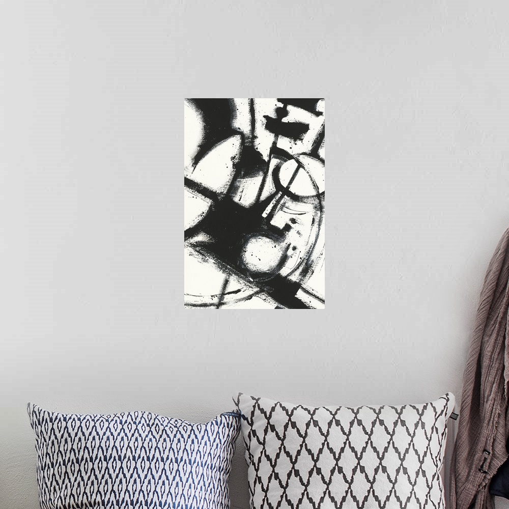 A bohemian room featuring Contemporary abstract painting using bold black lines against an of white background.