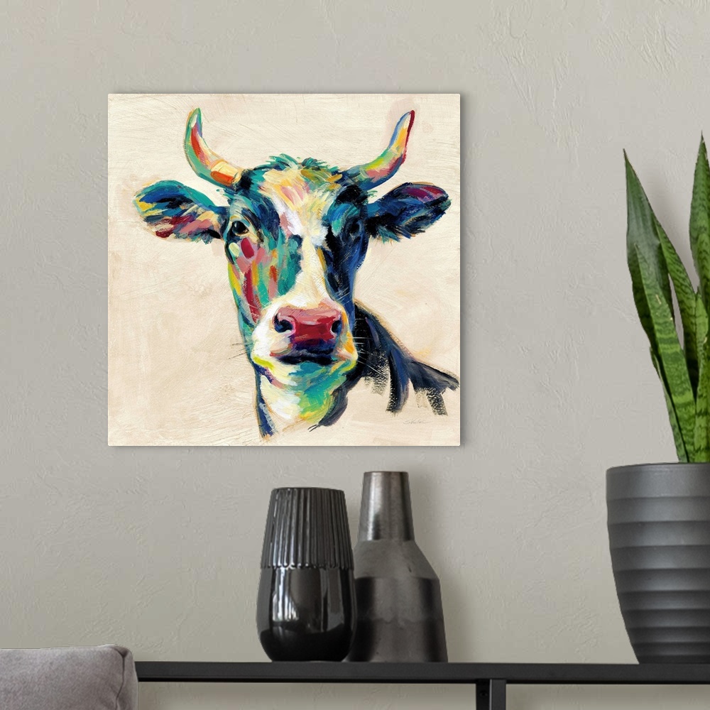 A modern room featuring Expressionistic Cow II