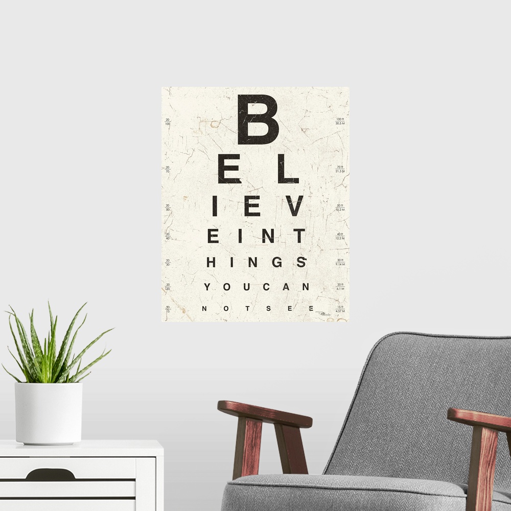 A modern room featuring Contemporary artwork of an eye exam chart spelling out an inspirational quote.