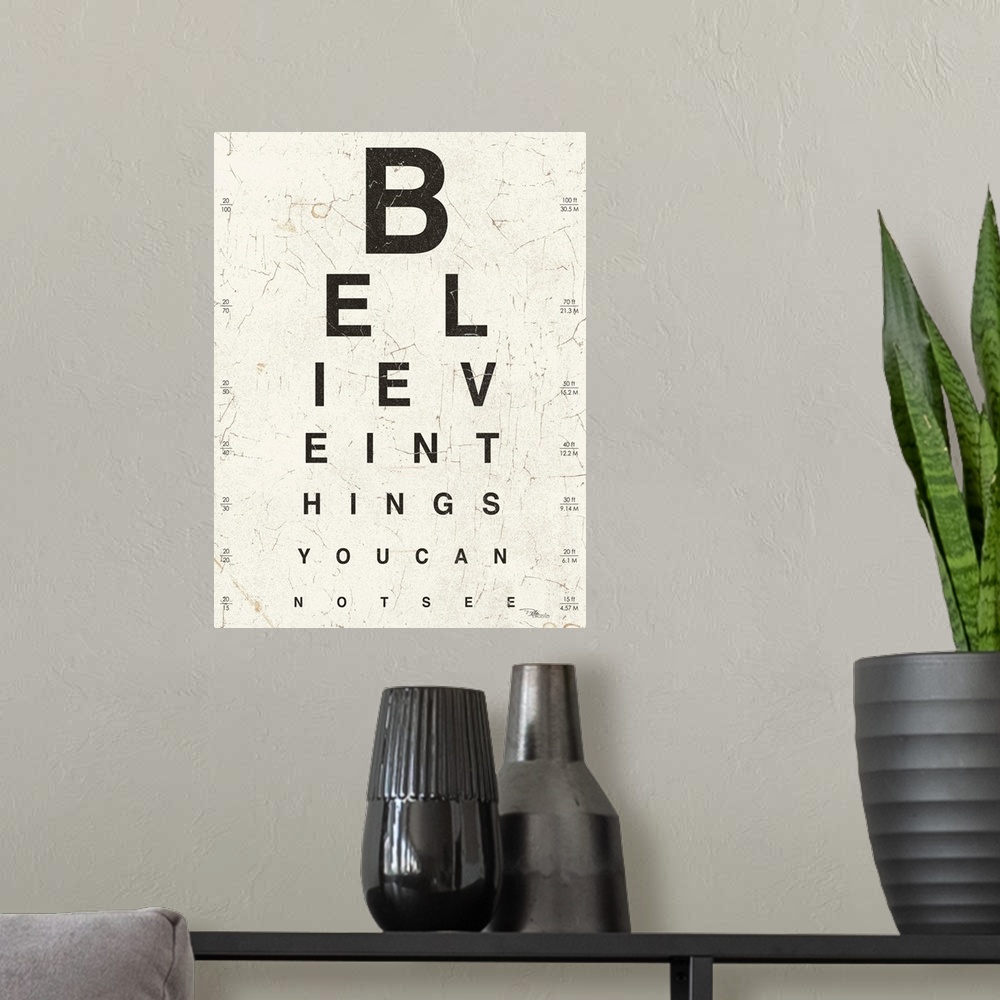 A modern room featuring Contemporary painting of an eye exam chart, spelling out an inspirational quote.