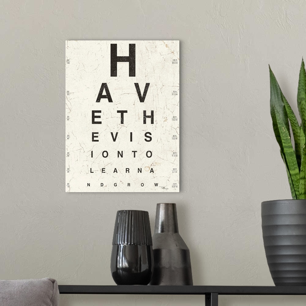 A modern room featuring Contemporary painting of an eye exam chart, spelling out an inspirational quote.