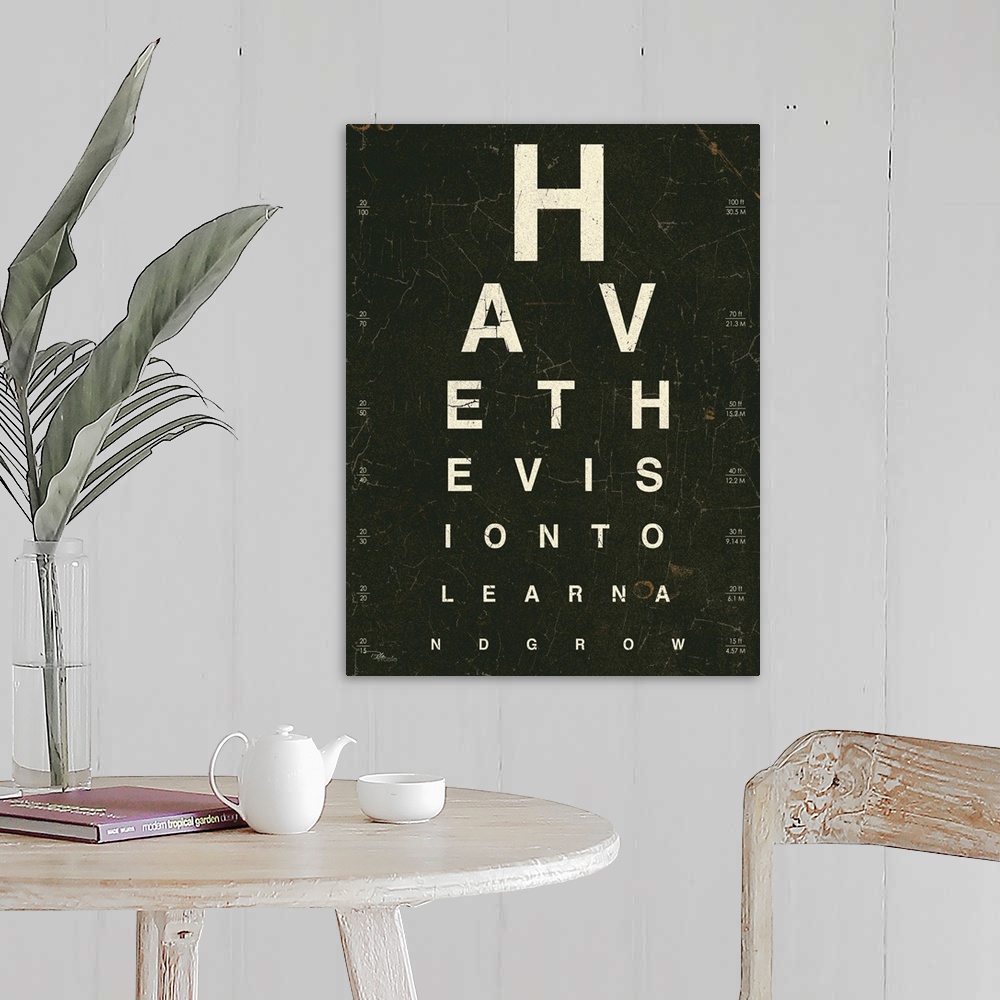 A farmhouse room featuring Contemporary artwork of an eye exam chart spelling out an inspirational quote.