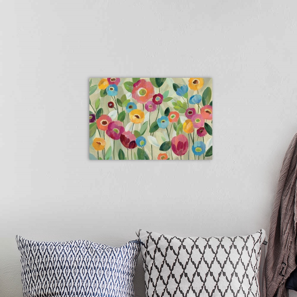 A bohemian room featuring Contemporary painting of brightly colored flowers in a garden.