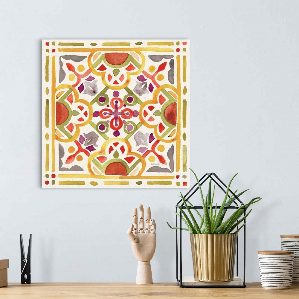 A bohemian room featuring Watercolor painting of a decorative tile design.