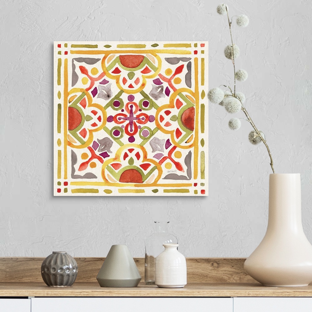 A farmhouse room featuring Watercolor painting of a decorative tile design.