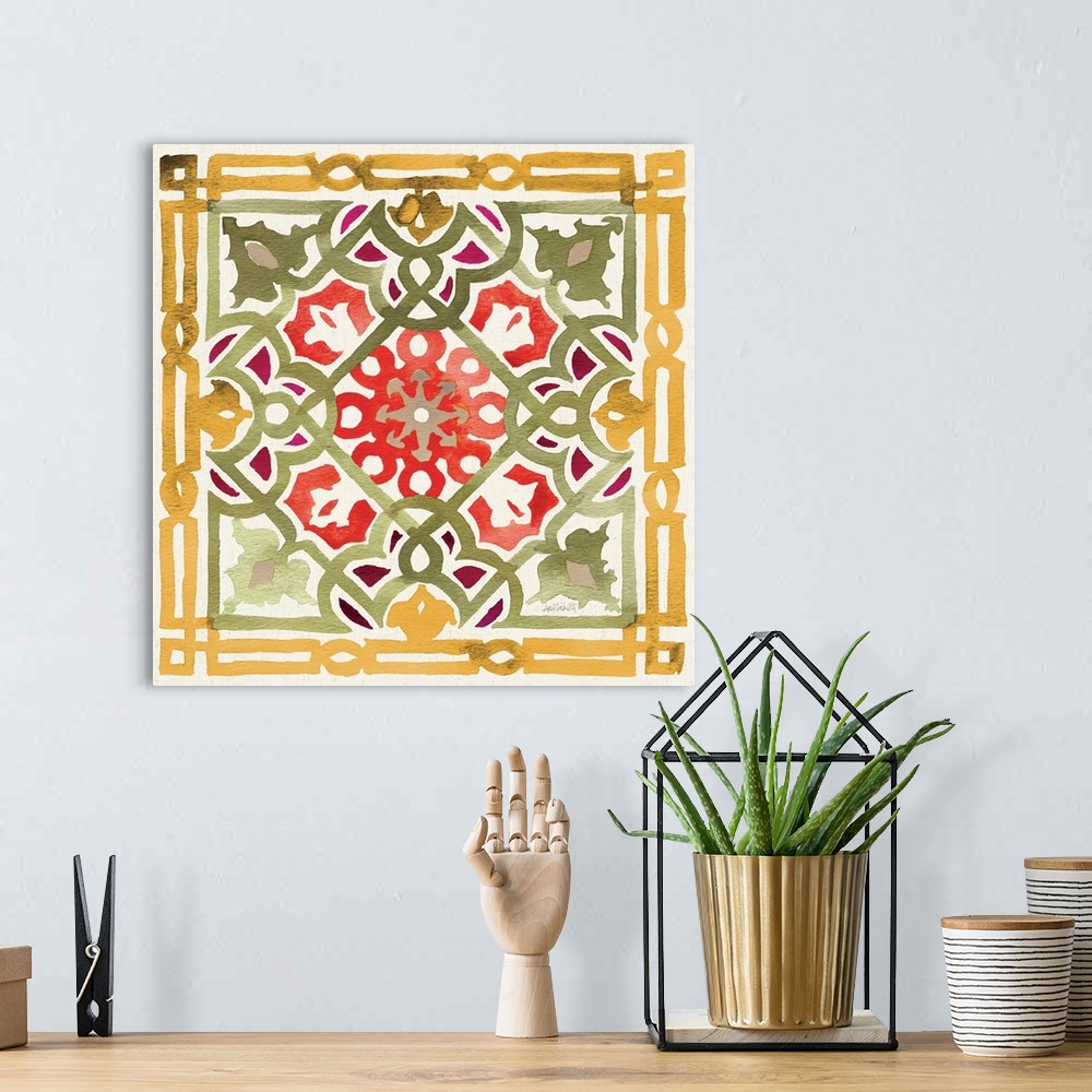 A bohemian room featuring Watercolor painting of a decorative tile design.