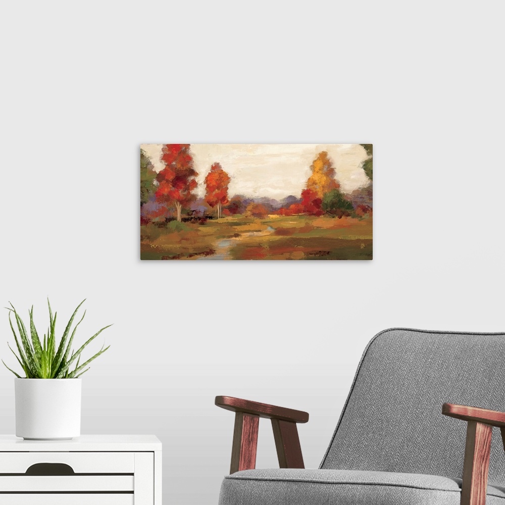 A modern room featuring Horizontal painting on a big canvas of a small creek bending through a large field, surrounded by...