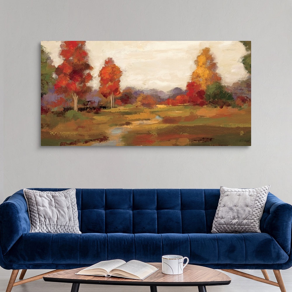 A modern room featuring Horizontal painting on a big canvas of a small creek bending through a large field, surrounded by...