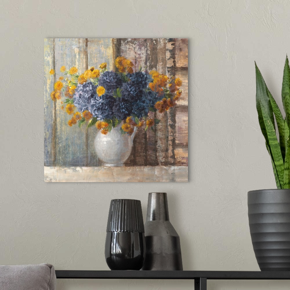 A modern room featuring A traditional contemporary painting of a white porcelain vase full of orange and blue flowers aga...