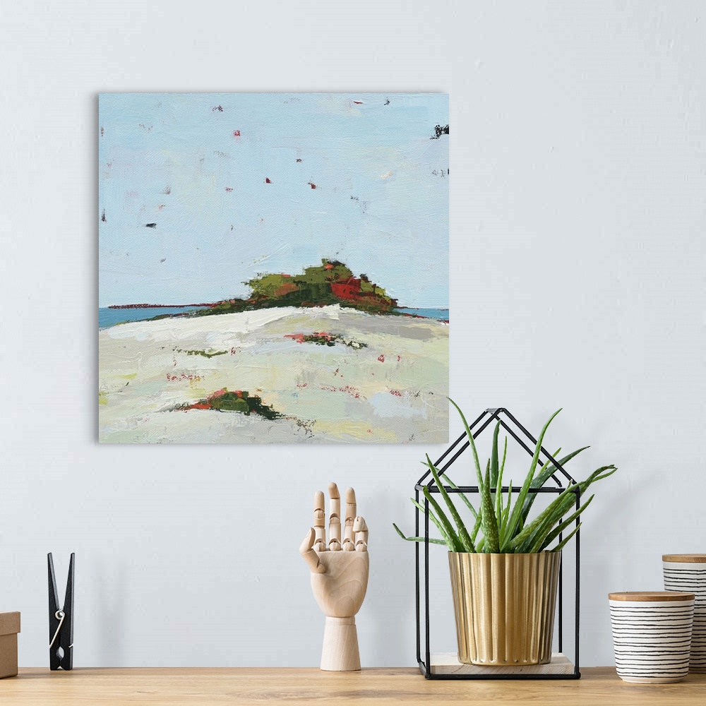 A bohemian room featuring Square abstract painting of a sand dune with green, red, and pink grass on top and the ocean in t...