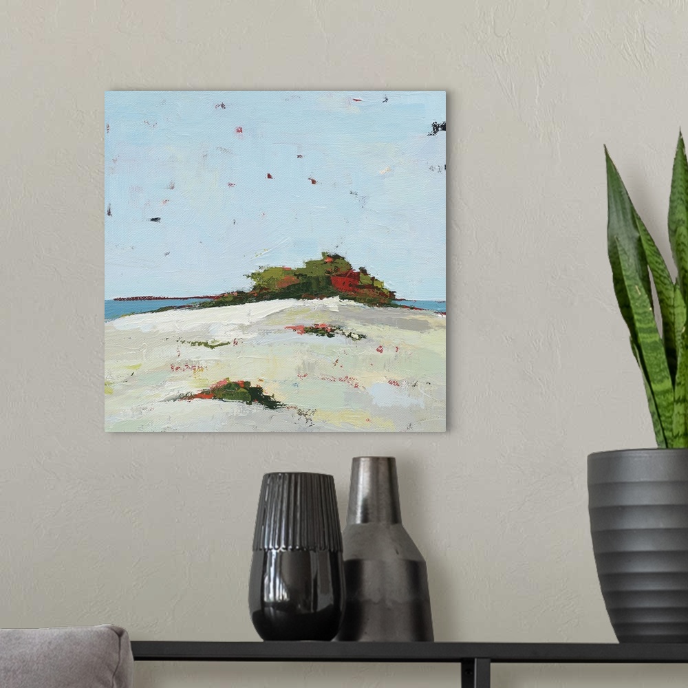 A modern room featuring Square abstract painting of a sand dune with green, red, and pink grass on top and the ocean in t...