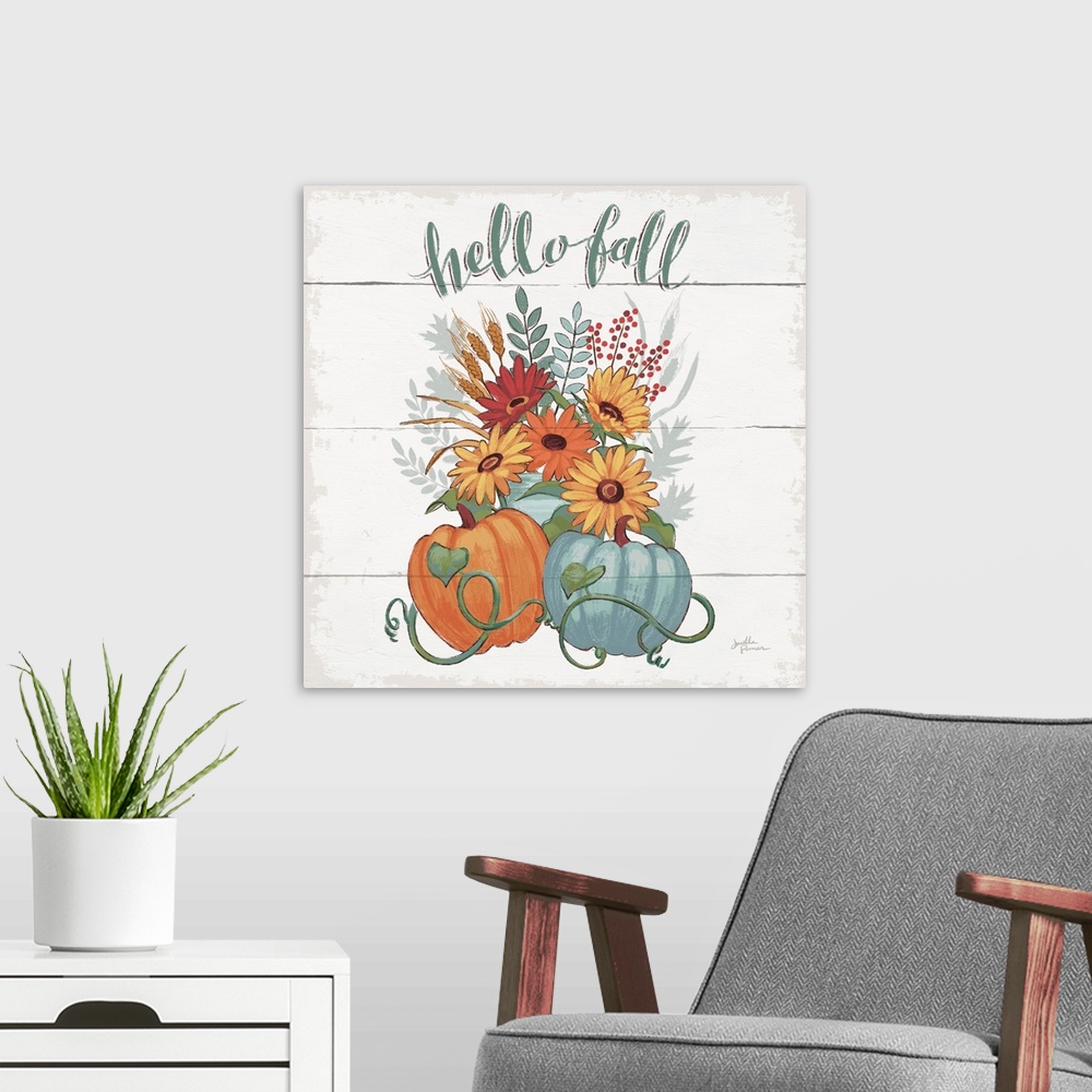 A modern room featuring Decorative artwork of the words "Hello Fall" above a bouquet of fall flowers with pumpkins and a ...
