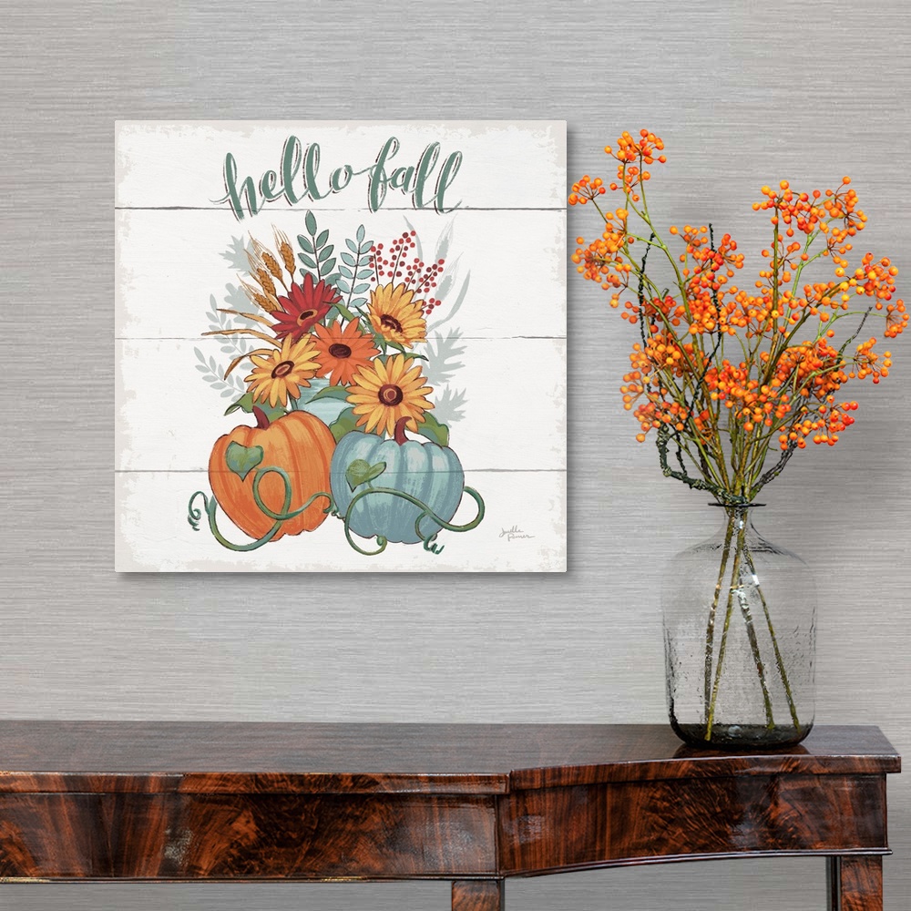 A traditional room featuring Decorative artwork of the words "Hello Fall" above a bouquet of fall flowers with pumpkins and a ...