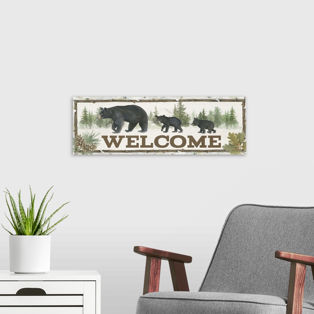 A modern room featuring A welcome sign featuring a mother black bear and two cubs.