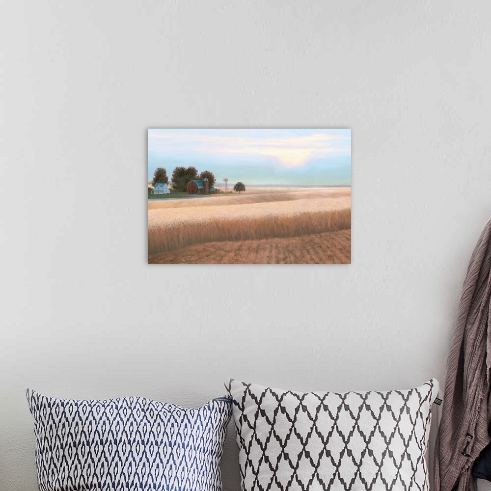 A bohemian room featuring Contemporary artwork of a crop field with a farmhouse and barn in the background.
