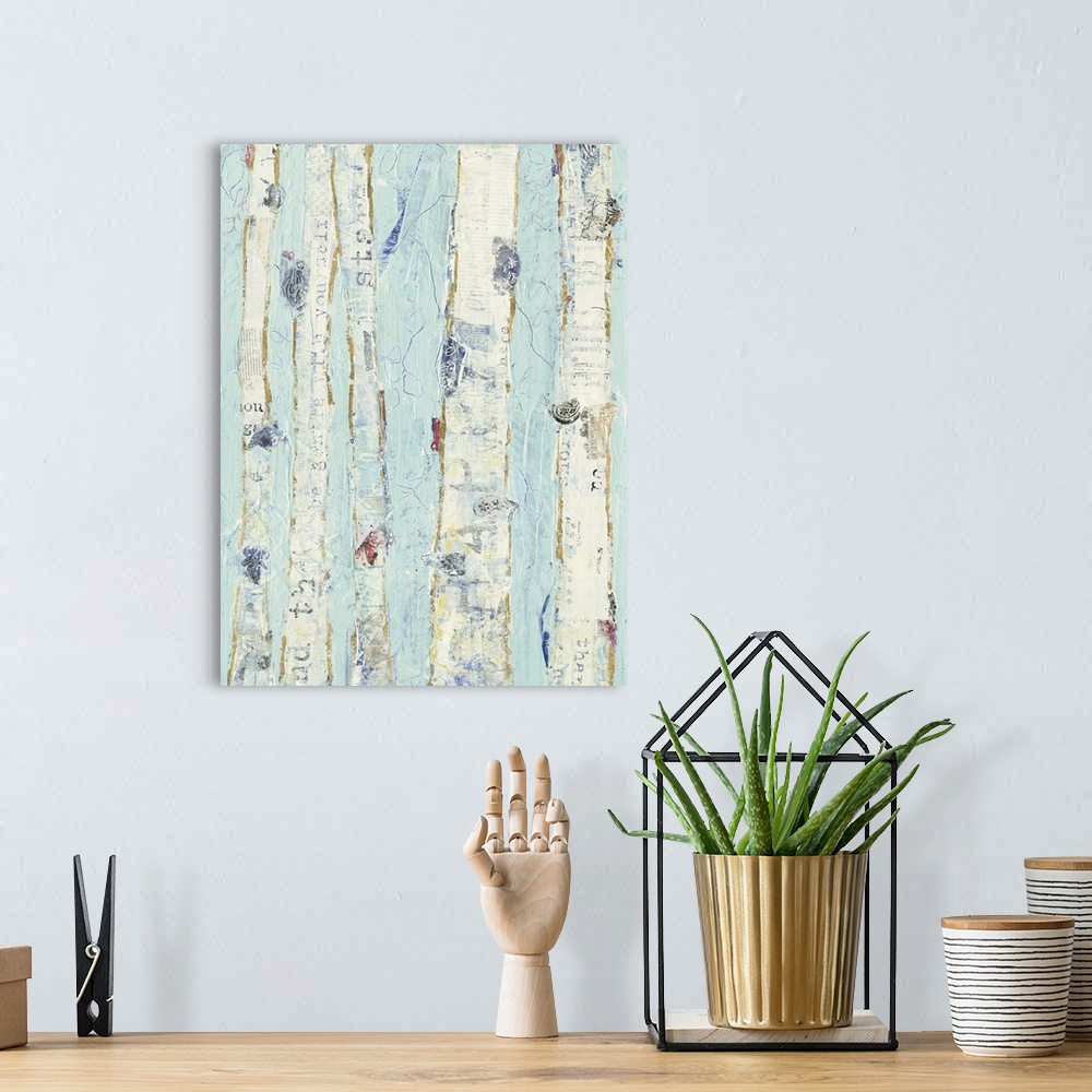 A bohemian room featuring Contemporary painting of white trees against a light blue background.