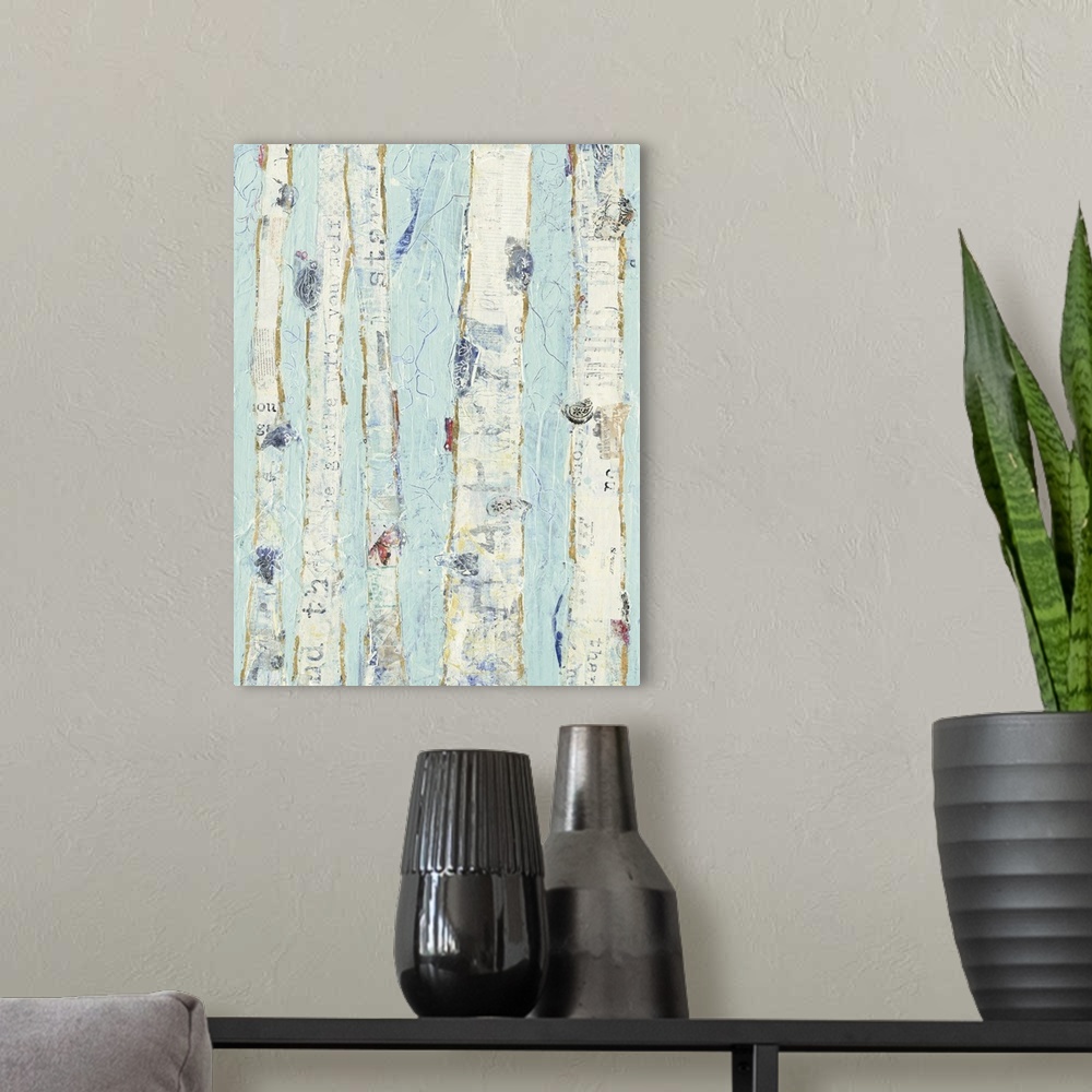 A modern room featuring Contemporary painting of white trees against a light blue background.