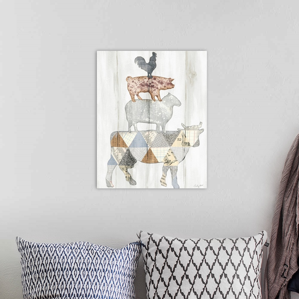 A bohemian room featuring Vertical collage of farm animals stack on top of each other against a white shiplap background.