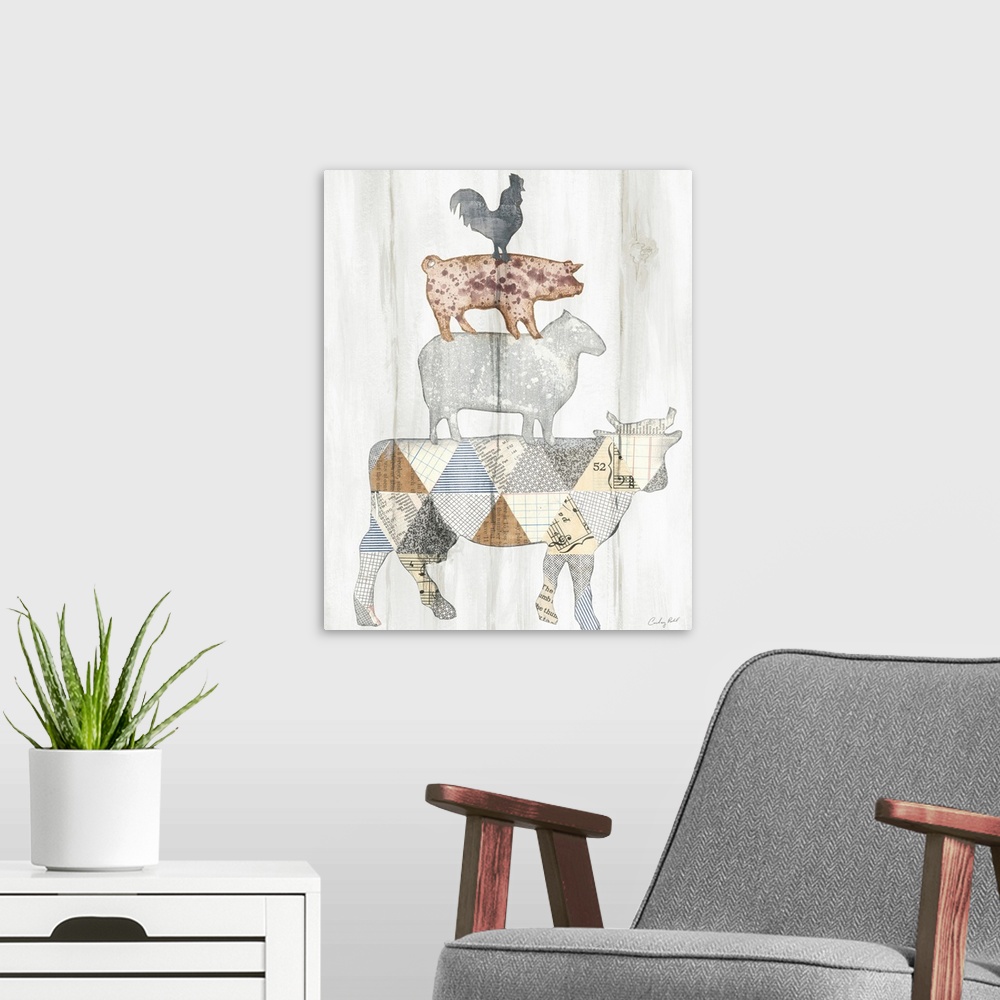 A modern room featuring Vertical collage of farm animals stack on top of each other against a white shiplap background.