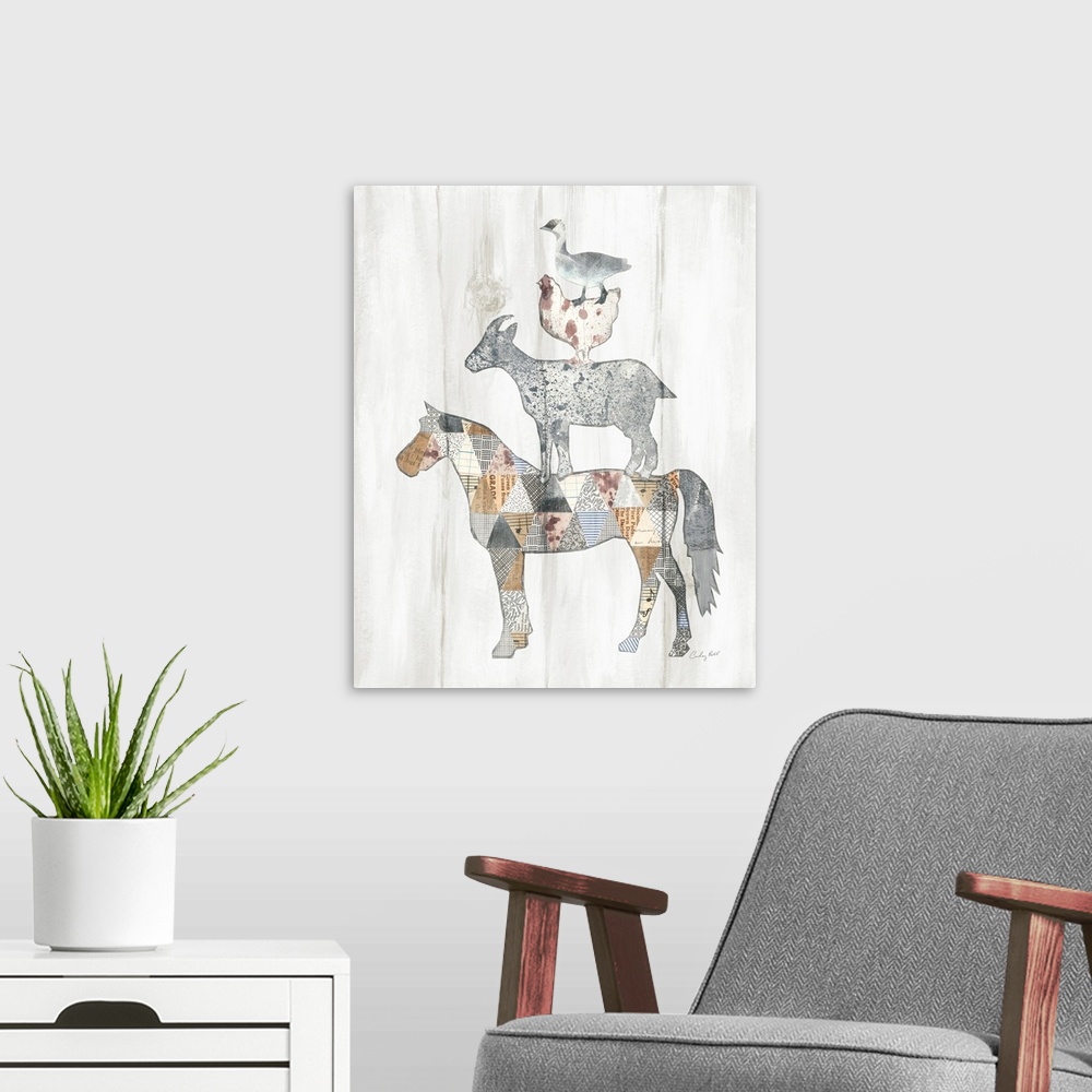 A modern room featuring Vertical collage of farm animals stack on top of each other against a white shiplap background.