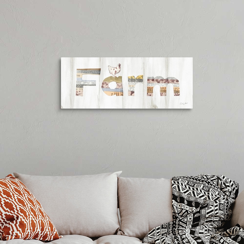 A bohemian room featuring "Farm" in the style of a collage with a chicken perched on top.