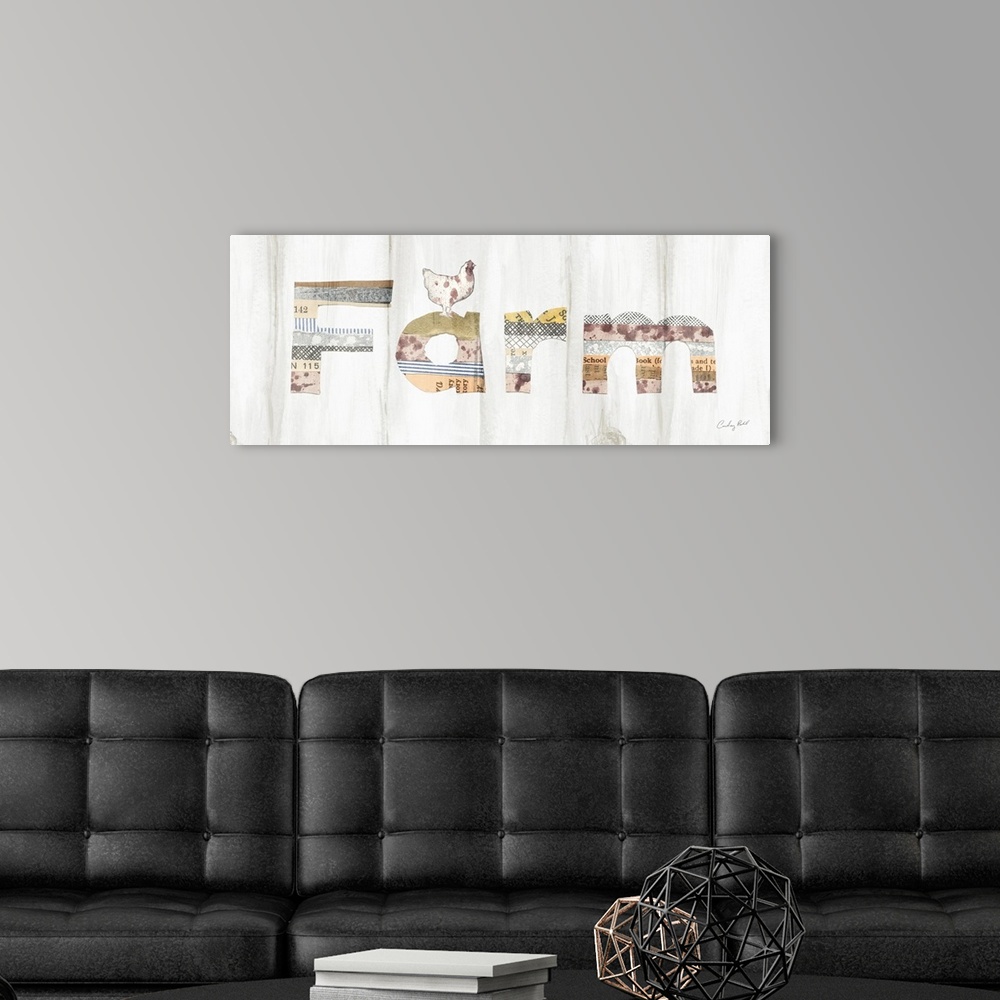 A modern room featuring "Farm" in the style of a collage with a chicken perched on top.
