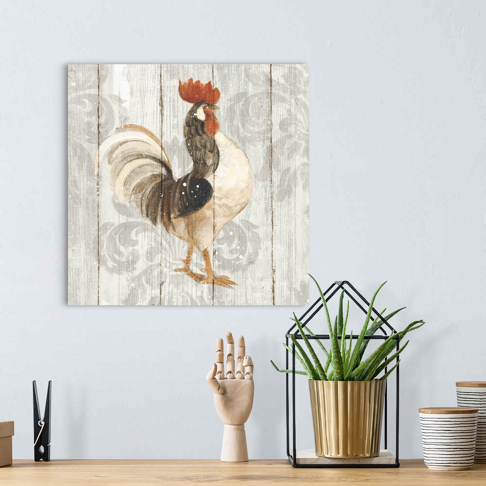 A bohemian room featuring Folk art style decor artwork of a rooster against a decorative flower background.