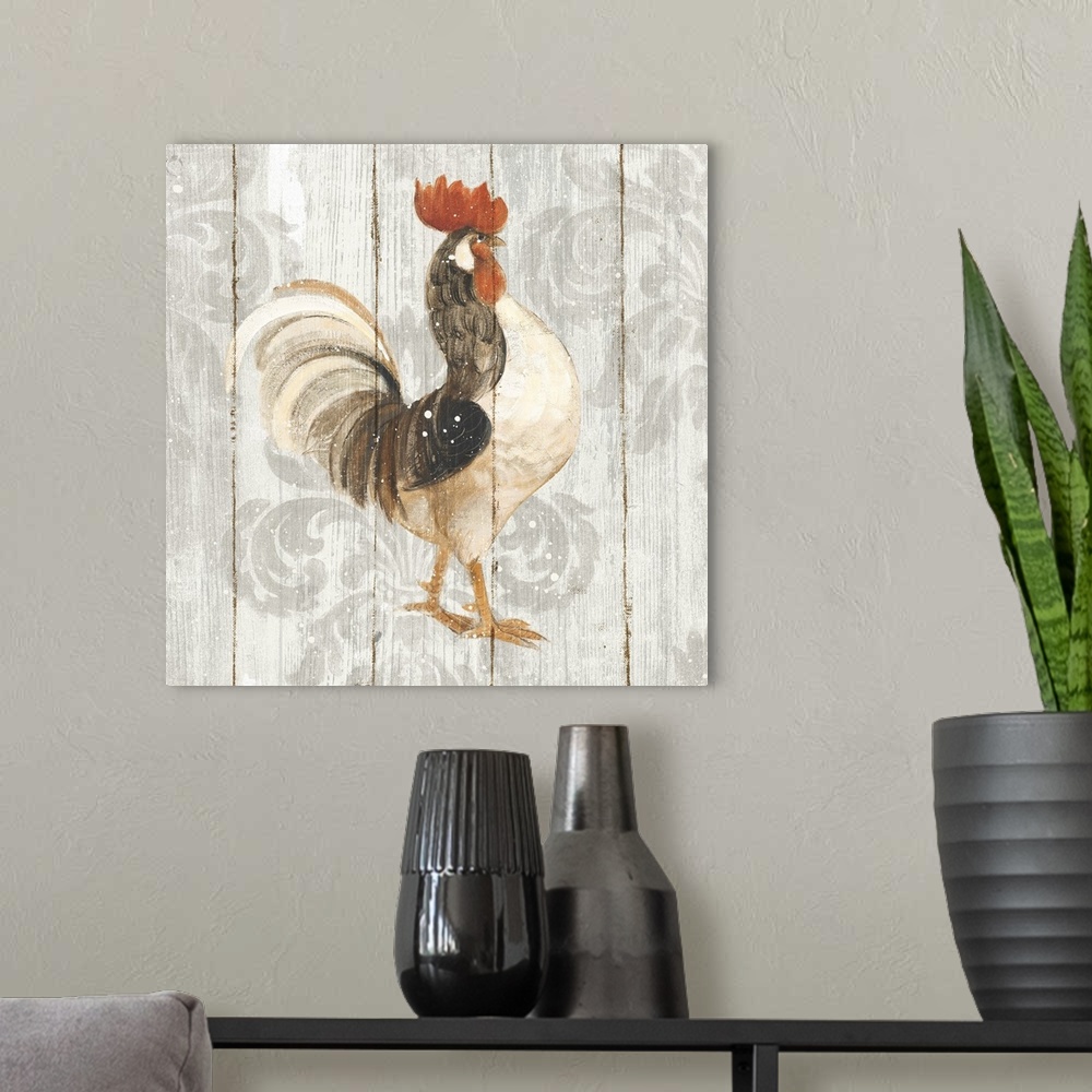 A modern room featuring Folk art style decor artwork of a rooster against a decorative flower background.