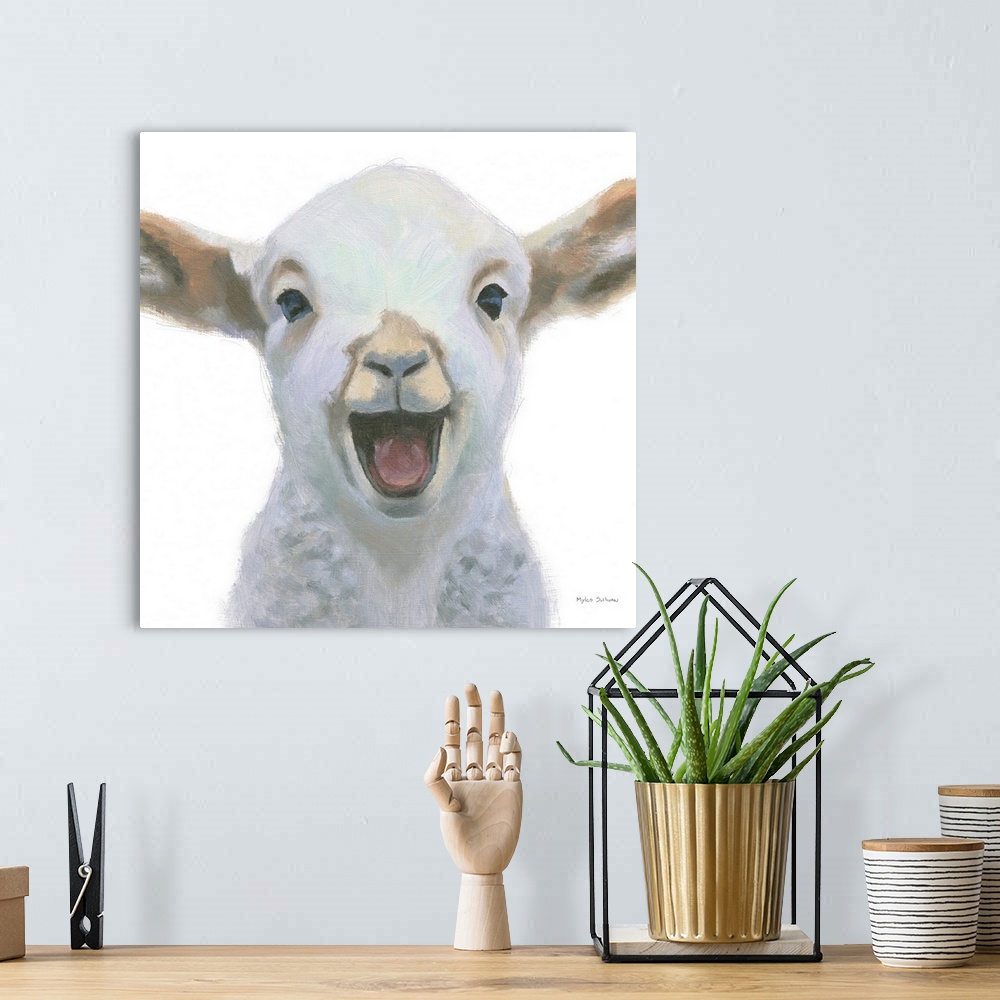 A bohemian room featuring A delightful image of a baby lamb smiling on a white background.