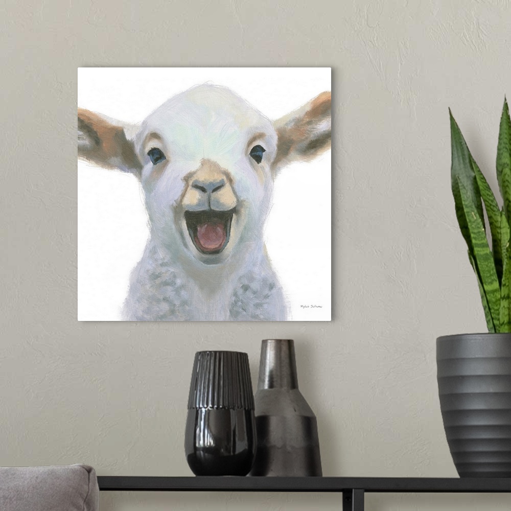 A modern room featuring A delightful image of a baby lamb smiling on a white background.