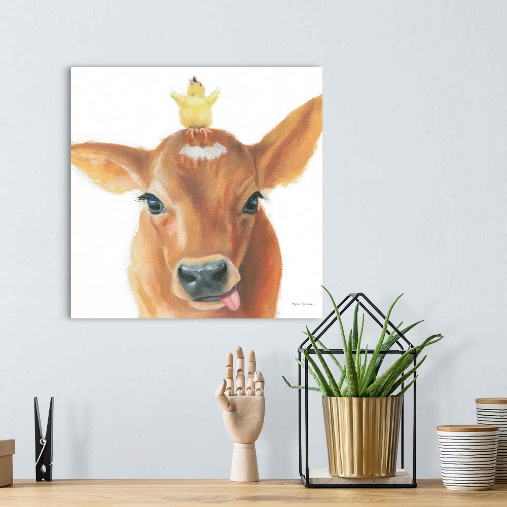 A bohemian room featuring A delightful image of a baby chick on the head of a calf on a white background.