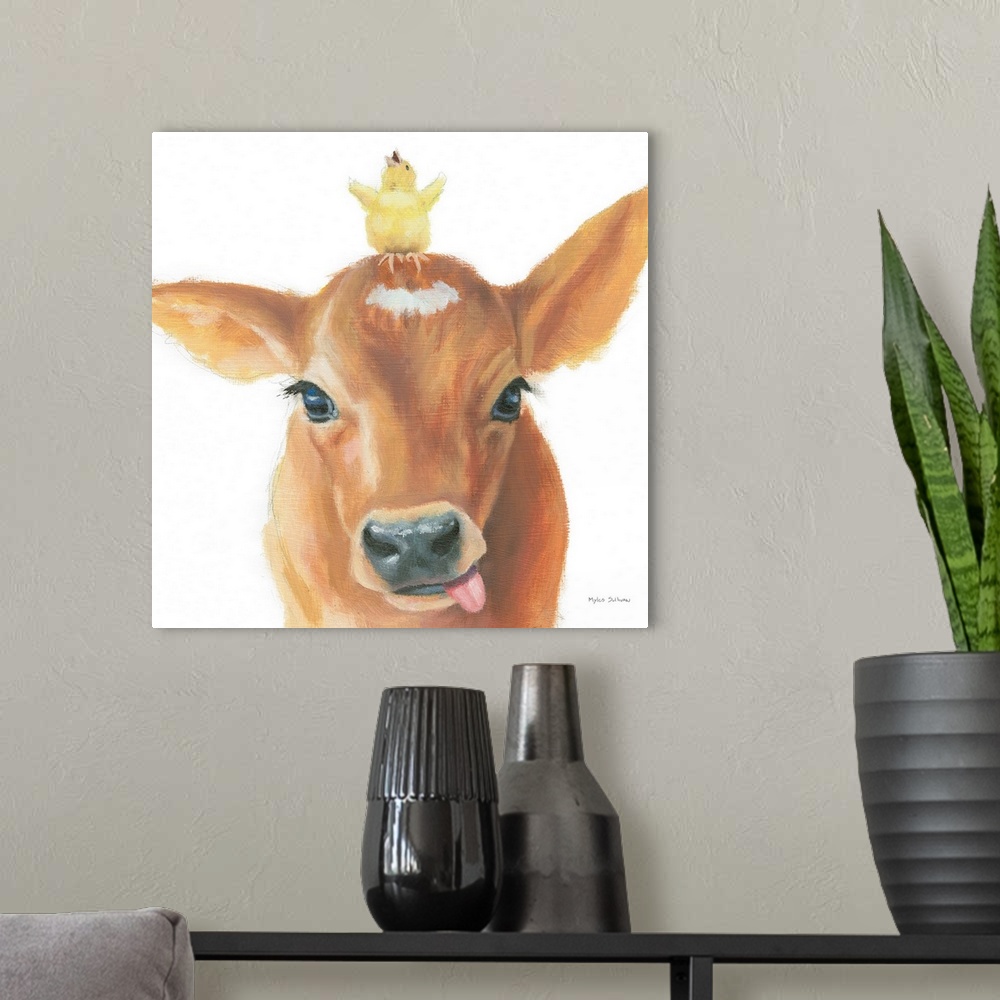 A modern room featuring A delightful image of a baby chick on the head of a calf on a white background.