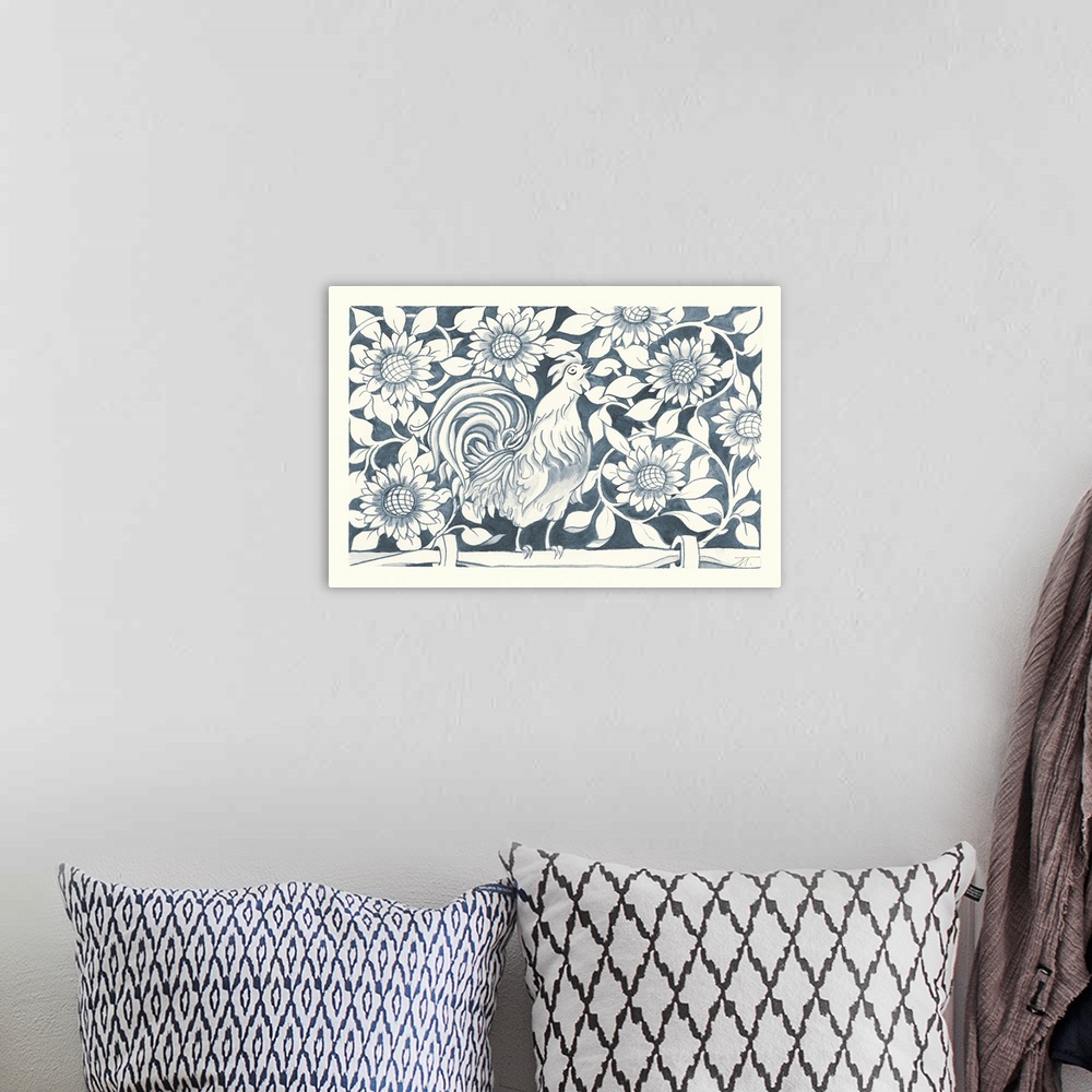 A bohemian room featuring Floral indigo and white watercolor painting with a rooster crowing on a fence post.