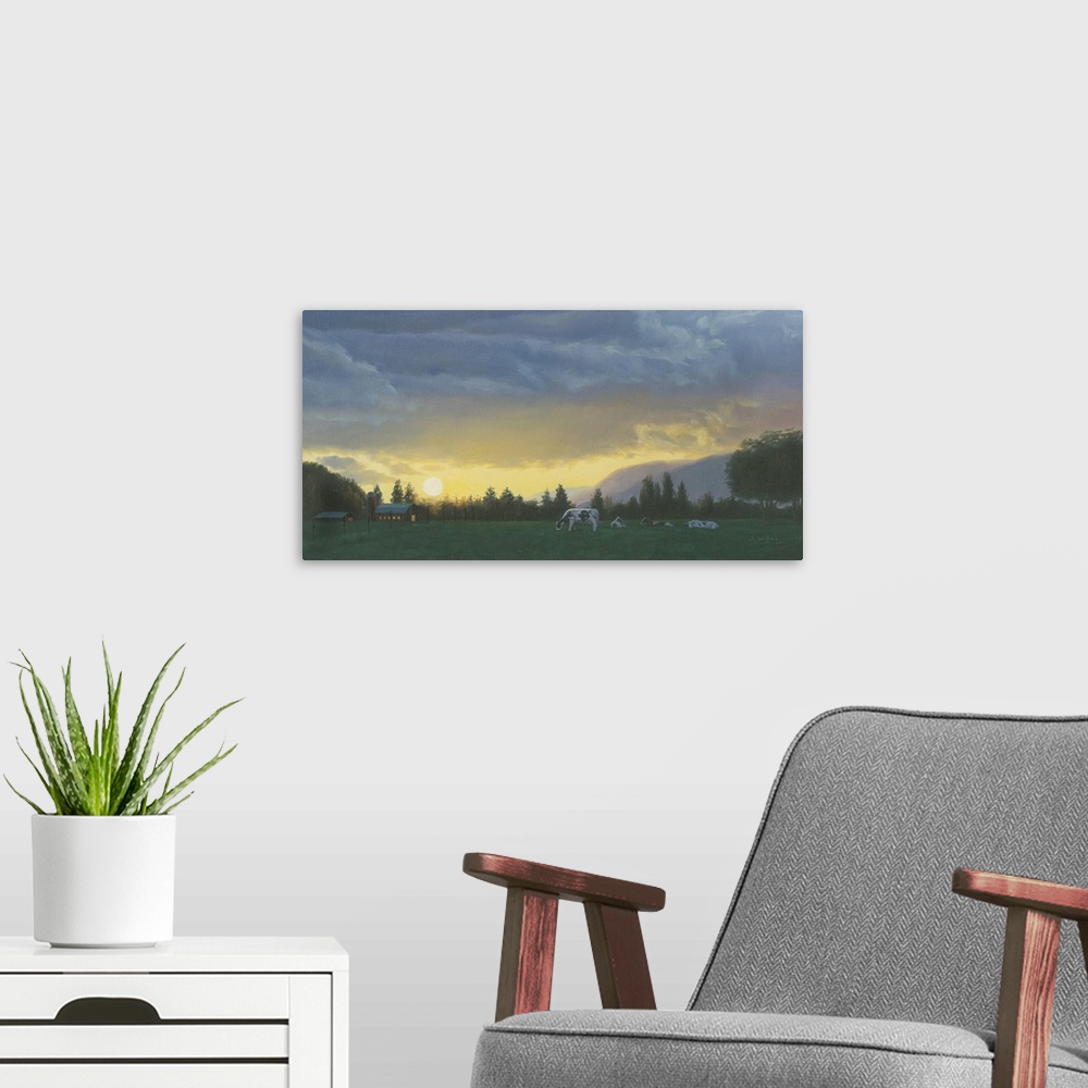 A modern room featuring Large contemporary painting of cows grazing in a field at dusk with a lit up barn in the background.