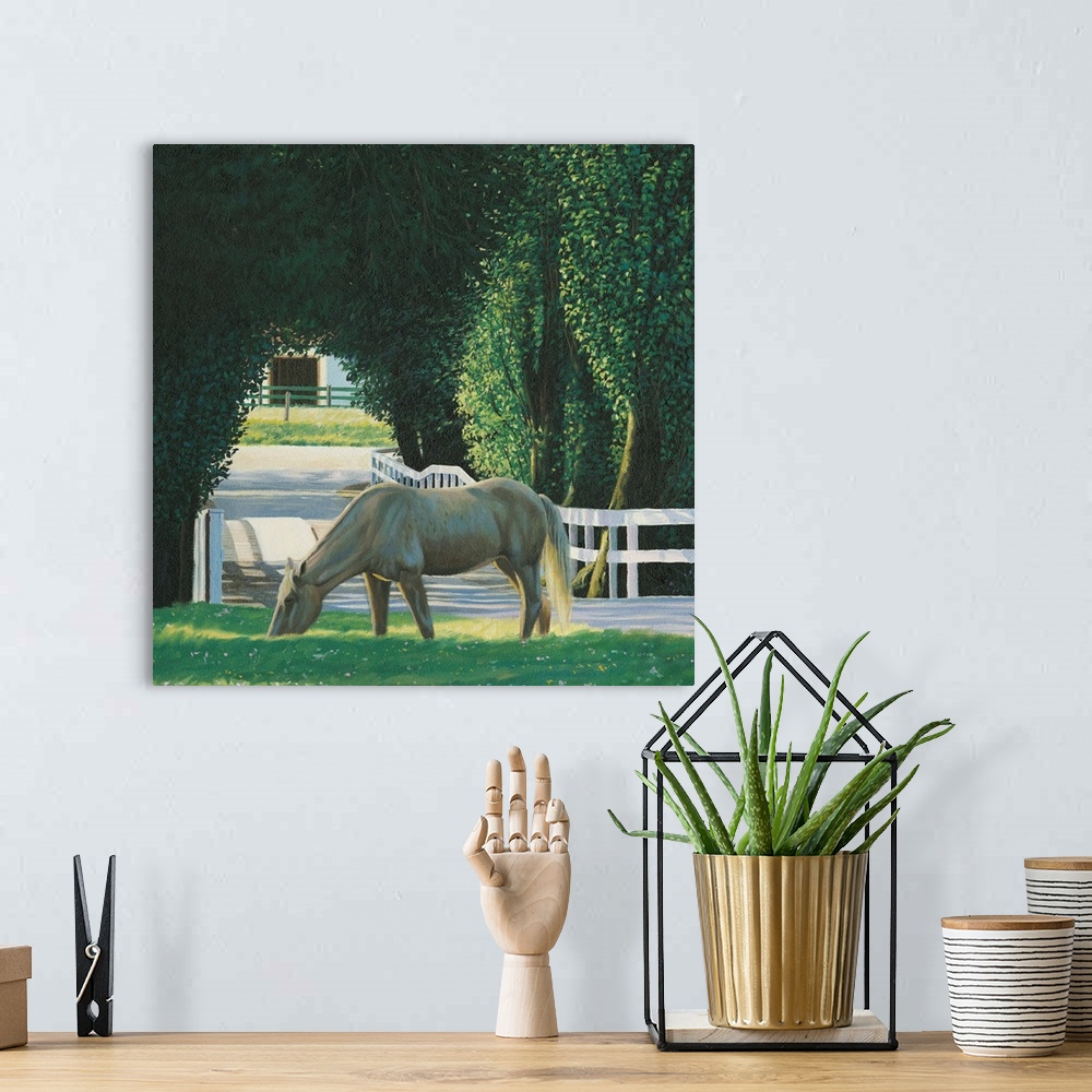 A bohemian room featuring Contemporary painting of a horse grazing alongside a driveway with a white picket fence and arche...