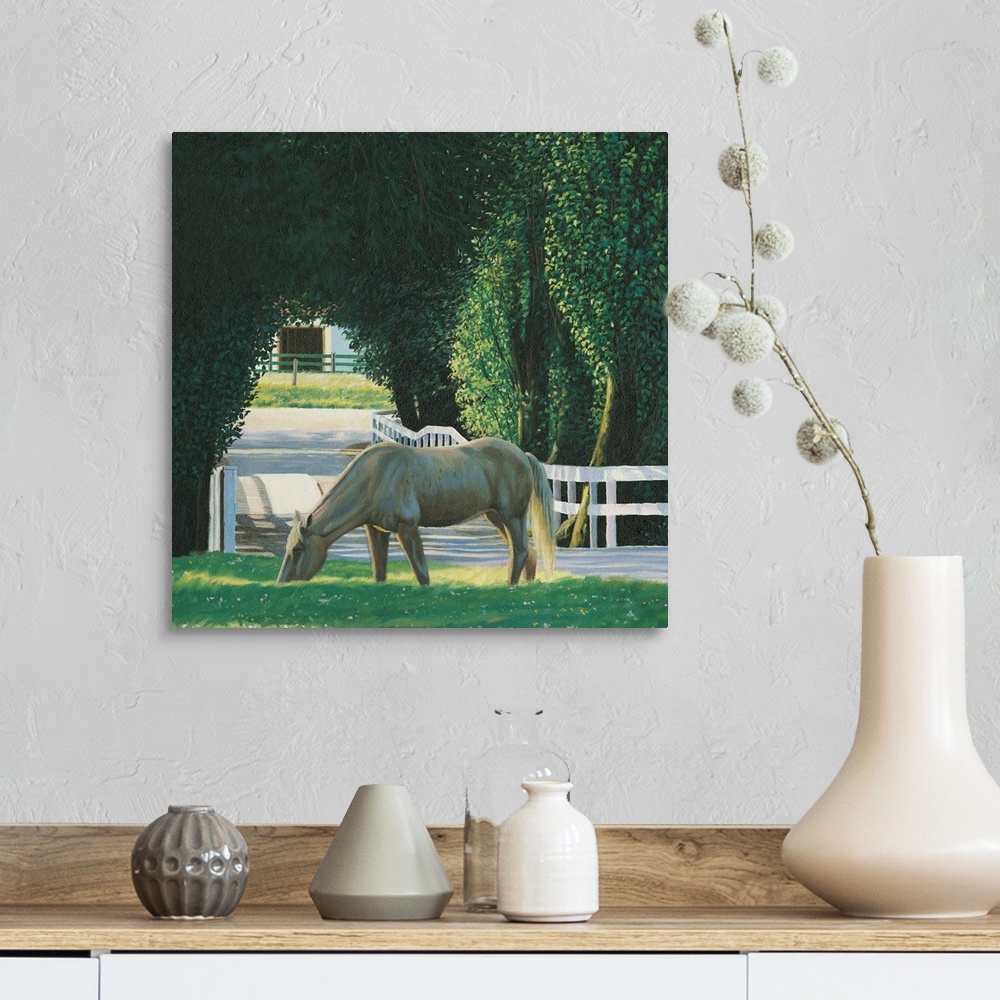 A farmhouse room featuring Contemporary painting of a horse grazing alongside a driveway with a white picket fence and arche...