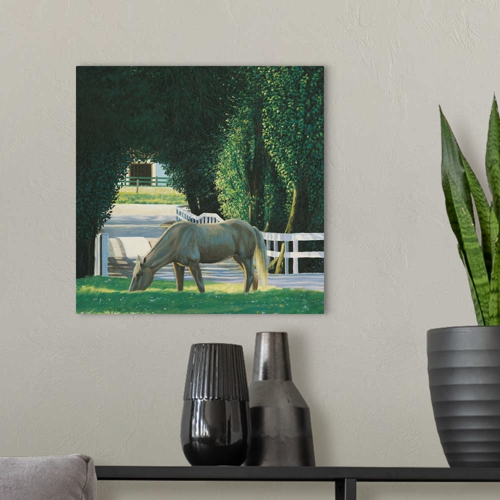 A modern room featuring Contemporary painting of a horse grazing alongside a driveway with a white picket fence and arche...
