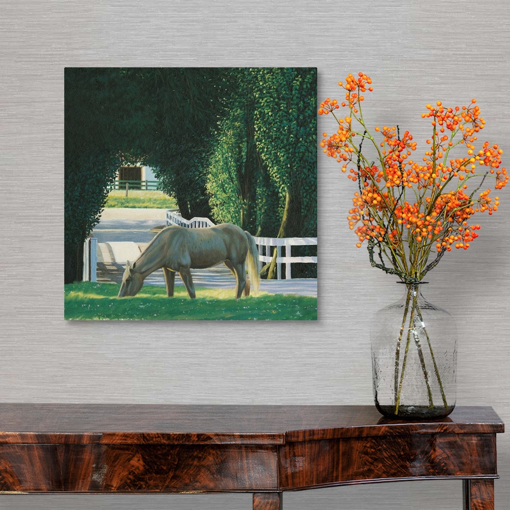 A traditional room featuring Contemporary painting of a horse grazing alongside a driveway with a white picket fence and arche...