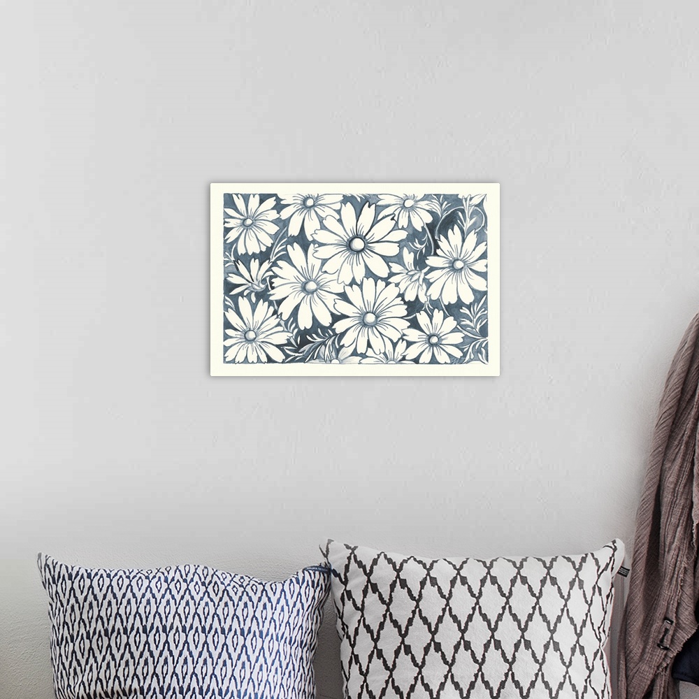 A bohemian room featuring Floral indigo and white watercolor painting with a white border.
