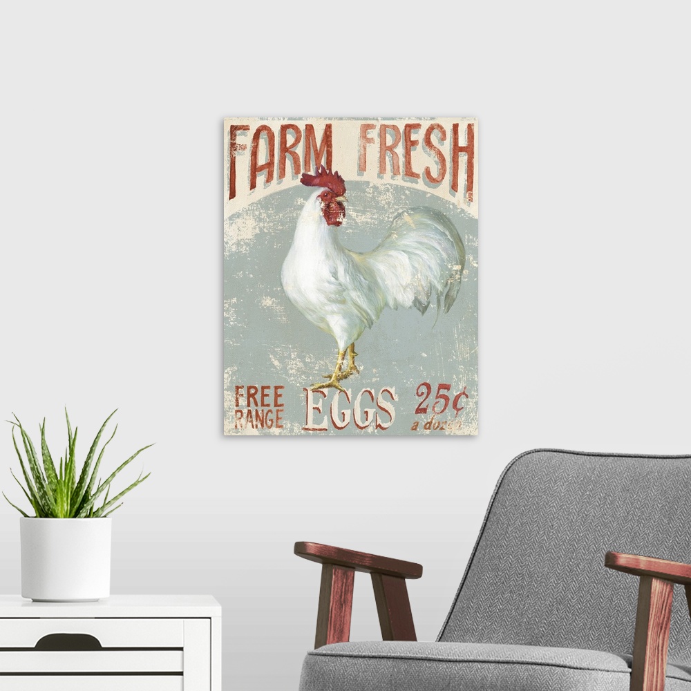 A modern room featuring Contemporary folk art decor of a rustic weathered sign for farm fresh eggs.