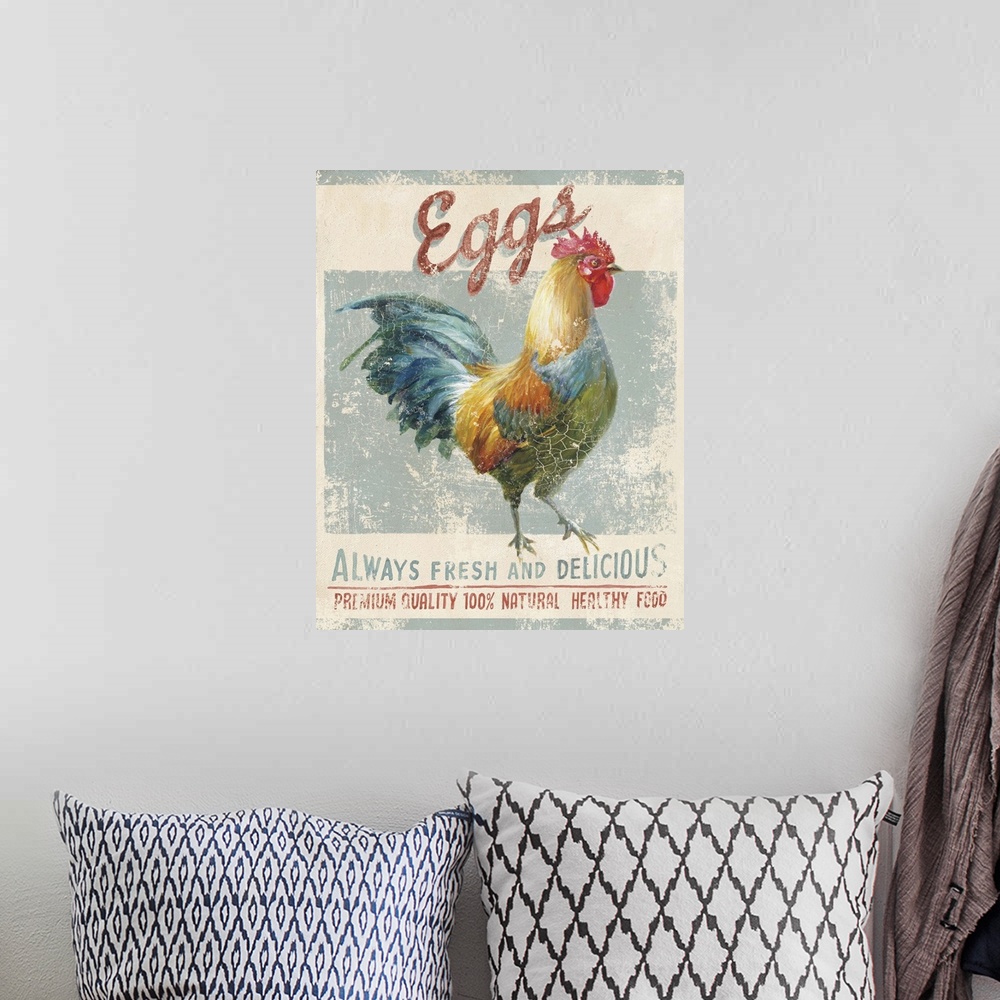 A bohemian room featuring Contemporary folk art decor of a rustic weathered sign for farm fresh eggs.