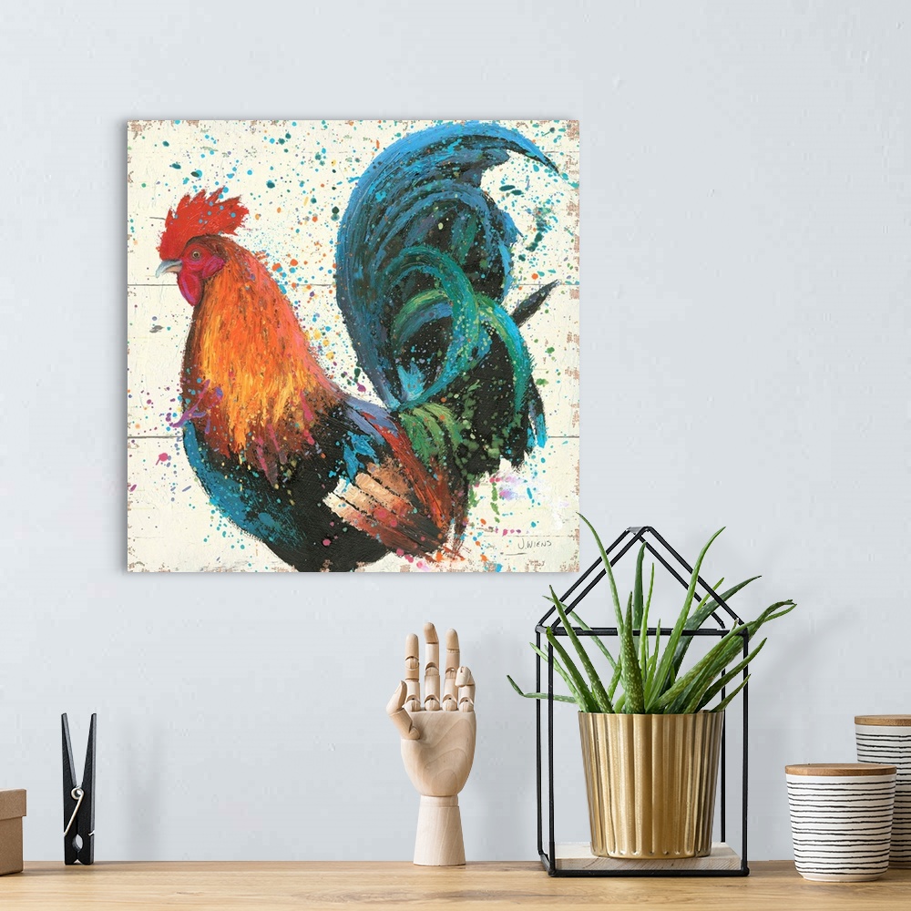 A bohemian room featuring Contemporary painting of a colorful rooster embellished with paint splatters.