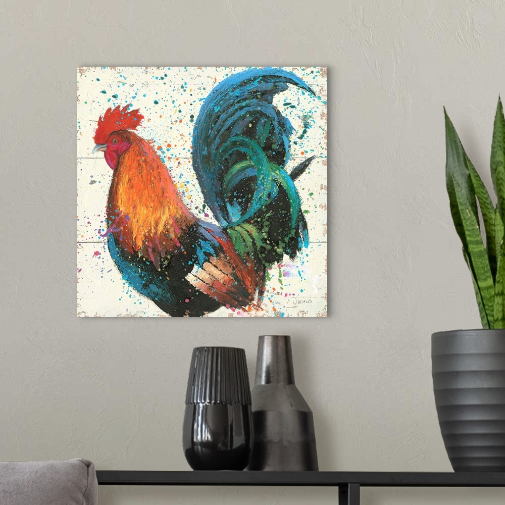 A modern room featuring Contemporary painting of a colorful rooster embellished with paint splatters.