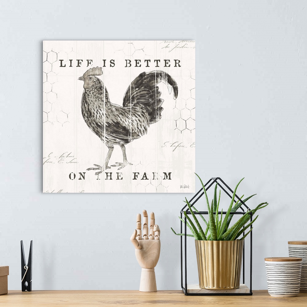 A bohemian room featuring A distress design of "Every Home Needs Chickens" with a chicken drawing and chicken wire in the b...