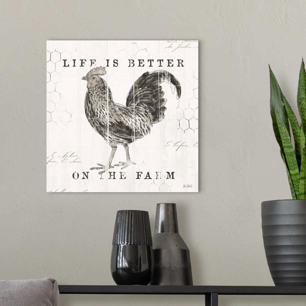 A modern room featuring A distress design of "Every Home Needs Chickens" with a chicken drawing and chicken wire in the b...