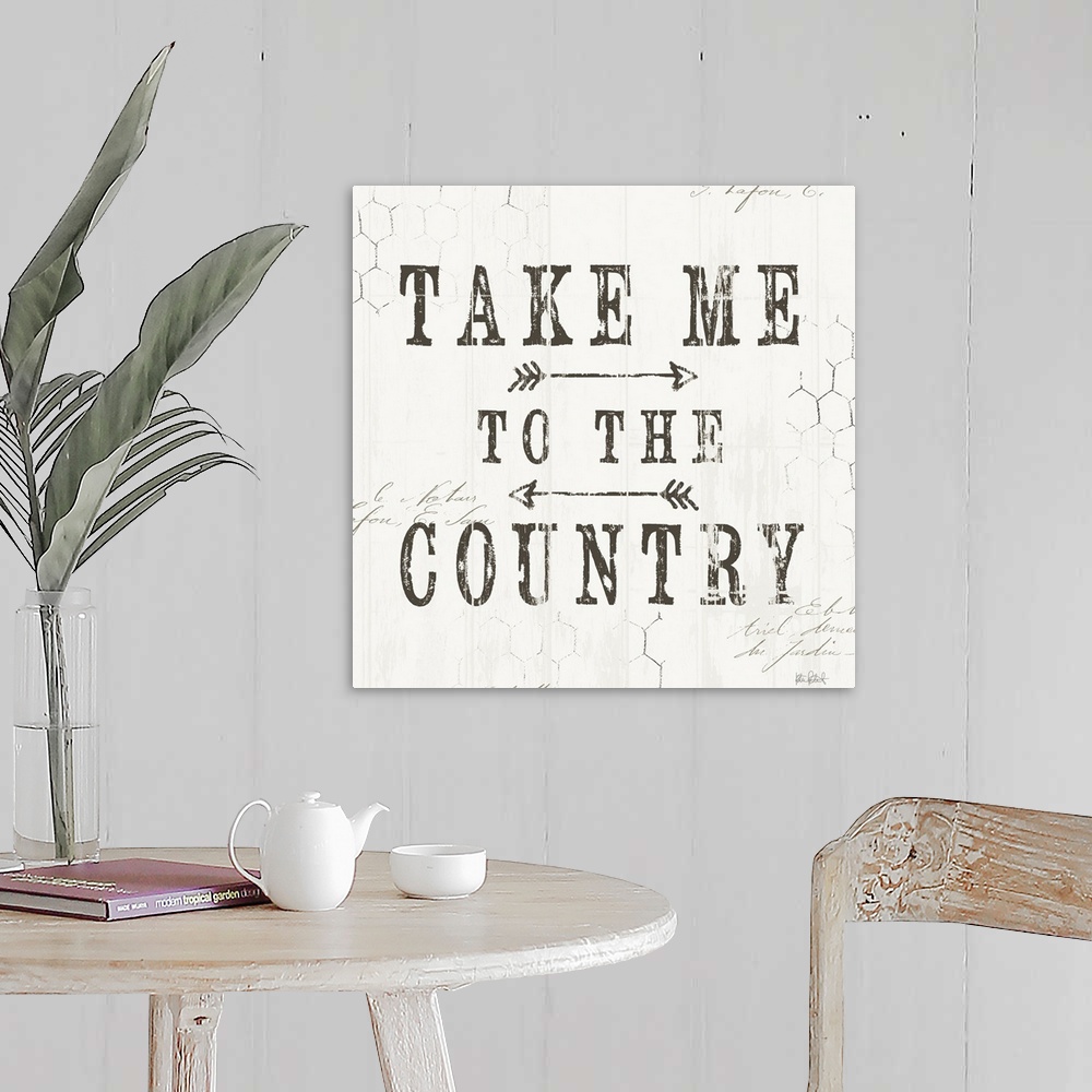 A farmhouse room featuring A distress design of "Take Me To The Country" with chicken wire in the background.