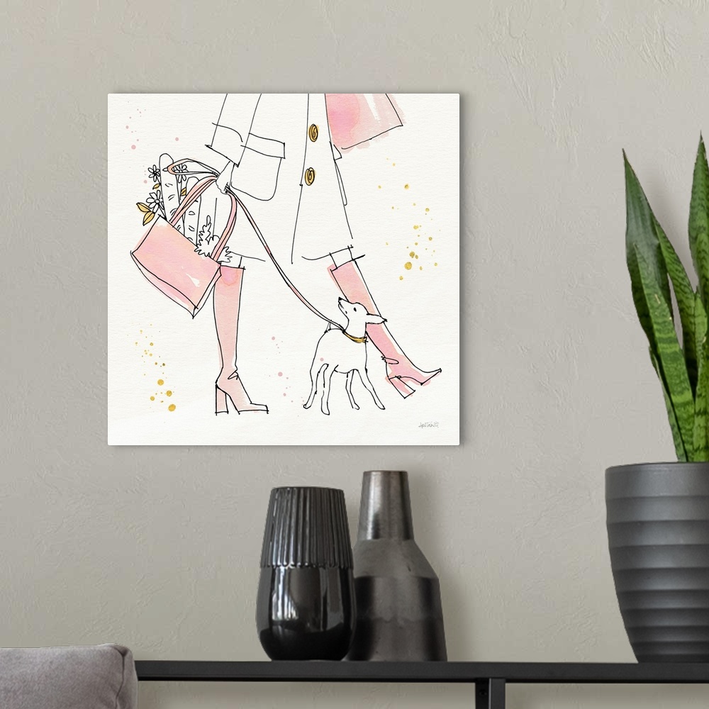 A modern room featuring Decorative artwork of a woman in long pink boots holding groceries and walking her dog.